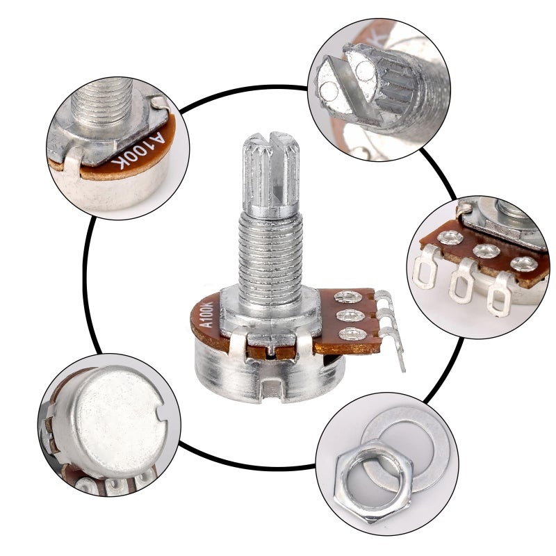 Swhmc A100K Ohm Guitar Potentiometer, 1/4" Split Shaft Volume Pot for Electric Guitar, Low Noise Control Pots with Long Knurled Shaft & Smooth Feel, Guitar Replacement Parts - Image 3